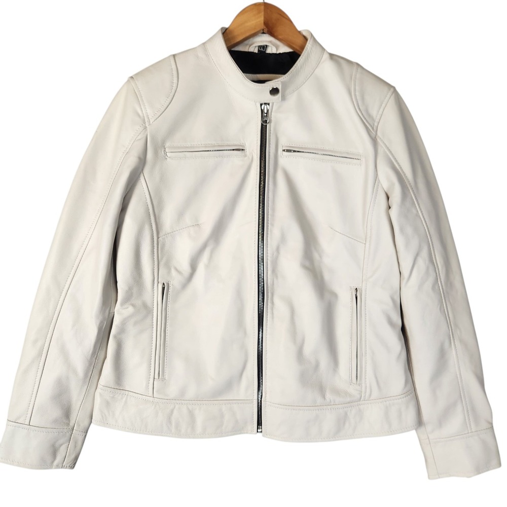 100% Real Leather Biker Jacket Womens Large Cream Moto Zip Up